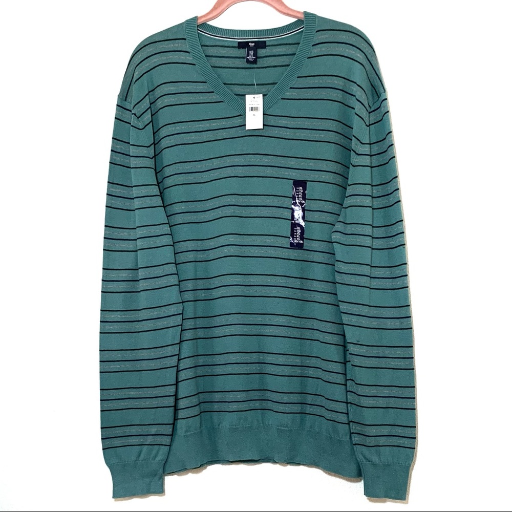 NEW Size XL Old Navy Teal Grey Blue Striped Classic V-Neck Long Sleeve Sweater